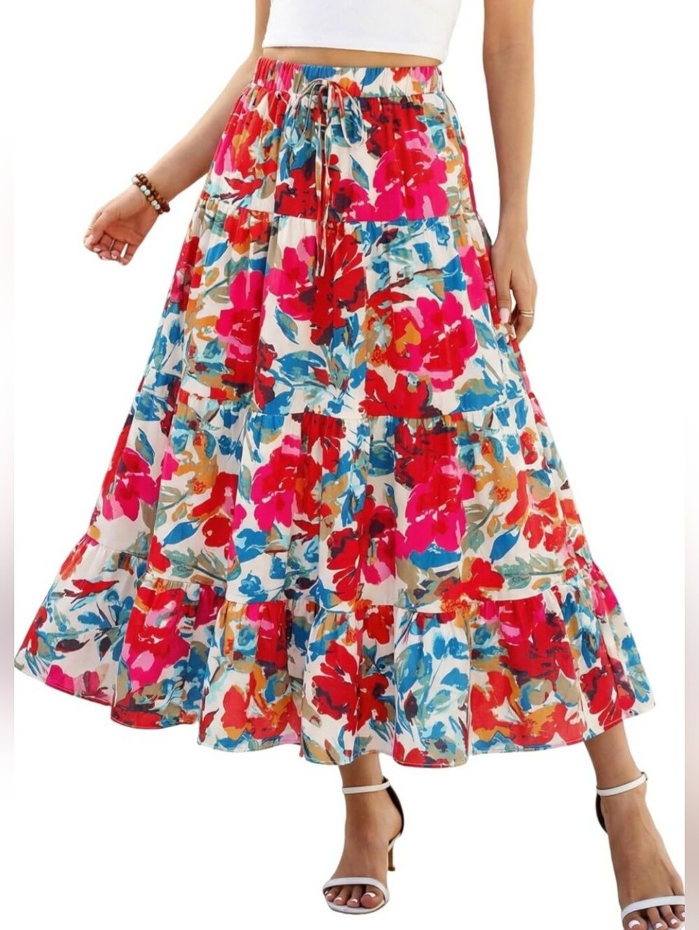 Zaful bright florals Maxi Skirt, silky, colorful, elastic waist, lined, Large BN